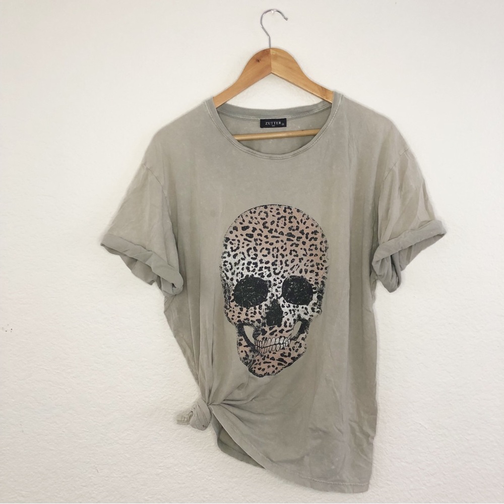 Zutter Oversized Olive Green Skull Tee‎ with Leopard Graphic